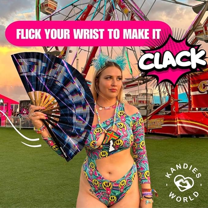 Kandies World Custom Festival Folding Hand Fan - Unique Designs, Made of Bamboo, Clacking Sound, Lightweight - Perfect Rave and Festival Accessory!