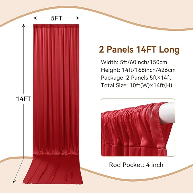 10×14ft Wrinkle Free Red Backdrop Curtain for Wedding Parties,2 Panels 5×14ft Height Soft Silky Polyester Backdrop Drapes Red Photo Back Ddrop Curtains for Event Photography Christmas Background Cloth