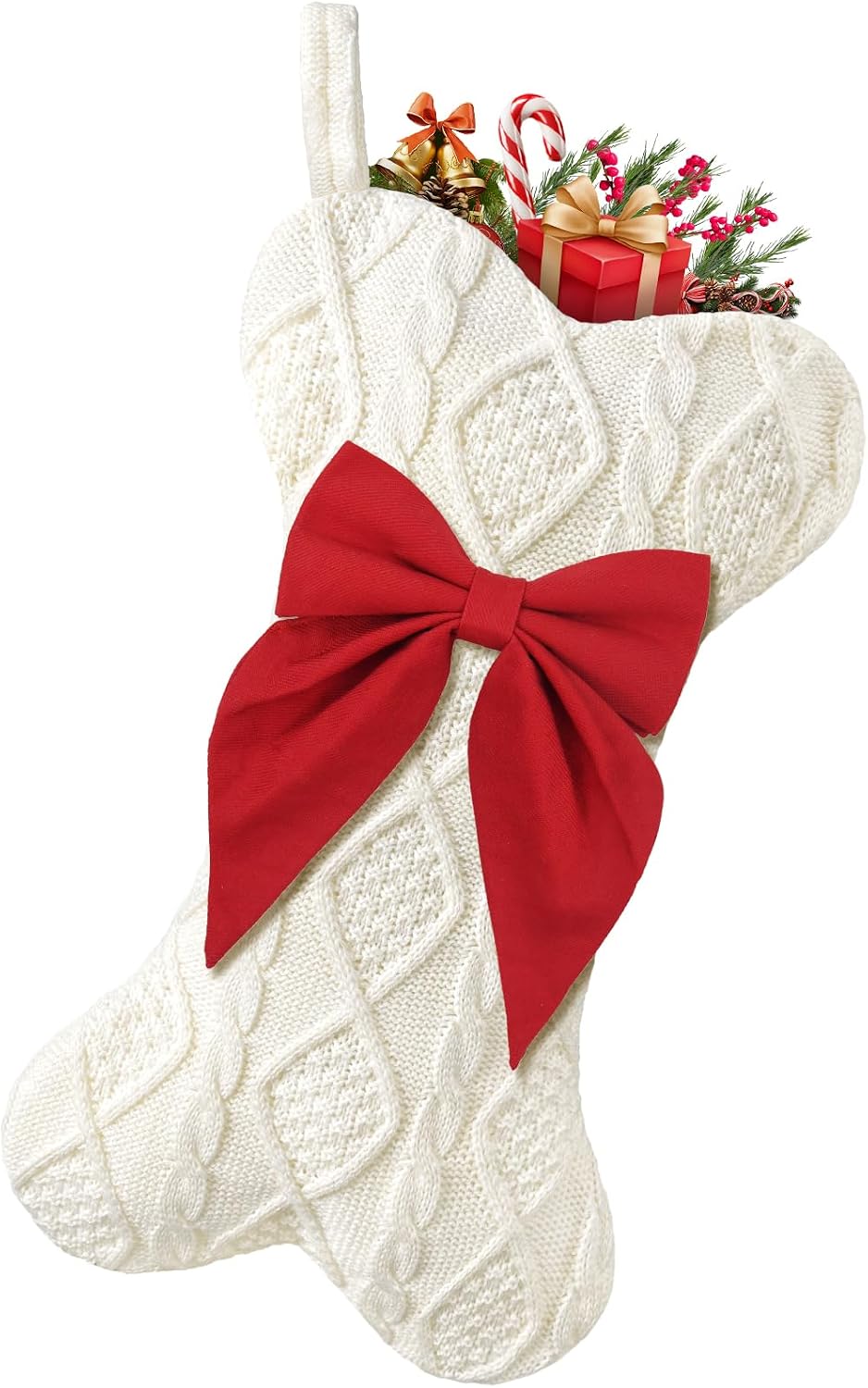 Dog Christmas Stocking,Knit Pet White Large Christmas Stocking,Dog Bone Christmas Stockings for Dogs Puppys Pets,Hanging Bone with Bow (Red)