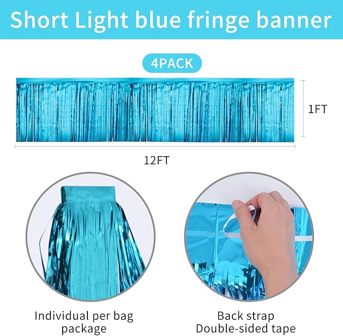 Light Blue Birthday Decorations Tinsel Garland Parade Float Decorations for Trailer 4Pack 12FT Under The Sea Party Decor Ceiling Fringe Banner Backdrop for Streamers Party Decorations