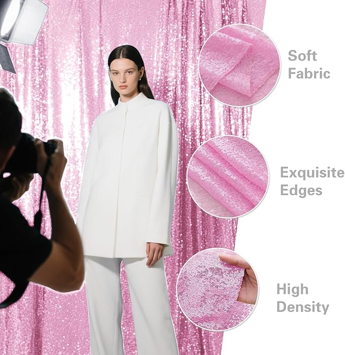 Matte Pink Sequin Backdrop Curtain 4 Pieces 2FTx8FT Glitter Photography Backdrop for Party Wedding Birthday Christmas Decorations