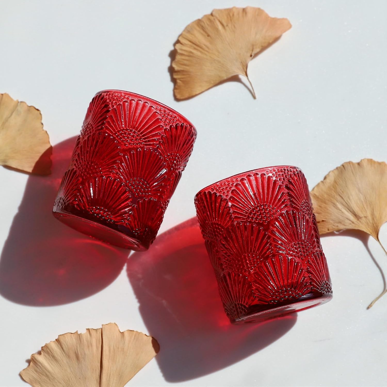 Woho Red Votive Candle Holders Set of 12 for Boho Wedding Table, Ginkgo Leaves Design Tealight Candle Holder Vintage for Christmas Decorations, Glass Tea Lights Candle Holder for Valentines Day Decor