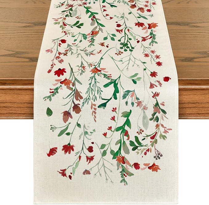 Artoid Mode Floral Leaves Christmas Table Runner, Wild Flowers and Grasses Winter Kitchen Dining Table Decoration for Home Party Decor 13x60 Inch