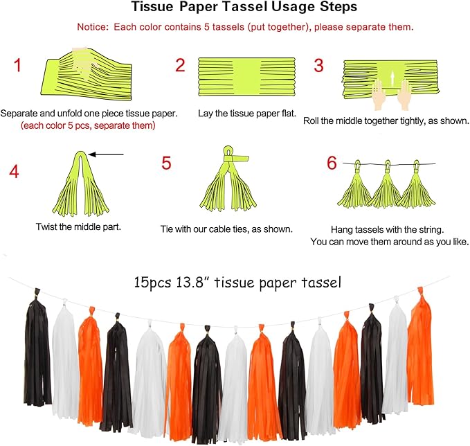 Black-White Orange Halloween Party-Decorations Tassel-Garland - 15pcs Graduation 2025 Supplies Tassels, Birthday Wedding Baby Bridal Shower Decor Panduola