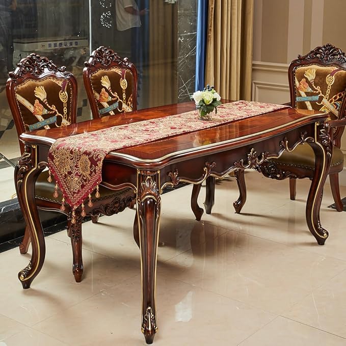 Luxury Vintage Table Runner 120 inches Long Embroidery Jacquard Fabric with Multi-Tassels Table Runners for Dining Room Dresser Wedding Christmas Thanksgiving Party Decorations (Red, 12X120inch)