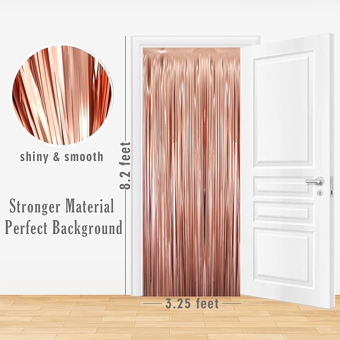 GOER 3.2 ft x 9.8 ft Metallic Tinsel Foil Fringe Curtains for Party Photo Backdrop Wedding Decor (4 Pcs,Matte Rose Gold), One Size