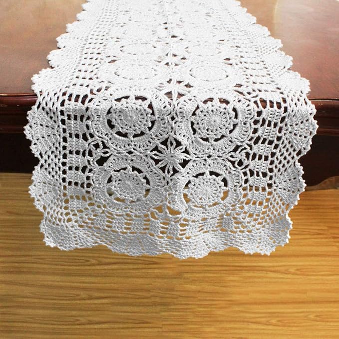 KEPSWET Cotton Handmade Crochet Lace Table Runner White Rectangle Coffee Table Dresser Decor (14x96 inch)
