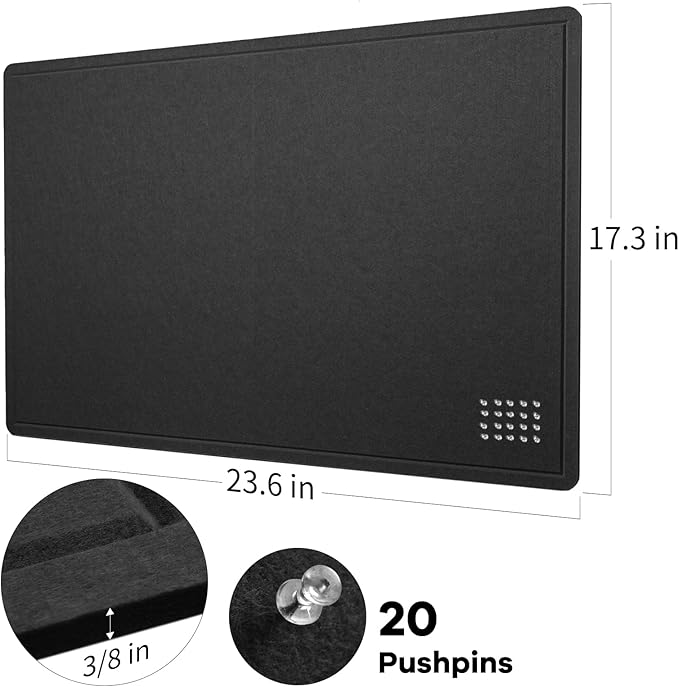 Bulletin Board, 24 x 18 inches Decorative Felt Pin Board, Cork Board Alternative for Wall, Foldable Photo Board Self-Adhesive Vision Board Mood Board with 20 Pushpins - Black