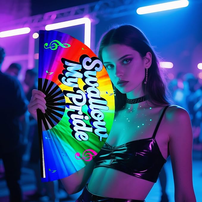 SYNTECSO Folding Hand Fan for Rave, Popping Fan for Line Dancing, Drag Queen, Women and Men Gift，Chinese Japanese UV Glow Clack Fan for Parties, Music Festivals, EDM and Decoration