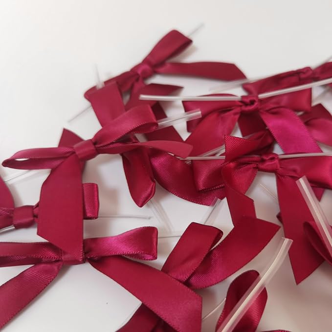 50pcs 2-1/2" Burgundy Satin Ribbon Bows with Twist Tie Bows for Christmas Gift Packing&Wrapping (Burgundy)