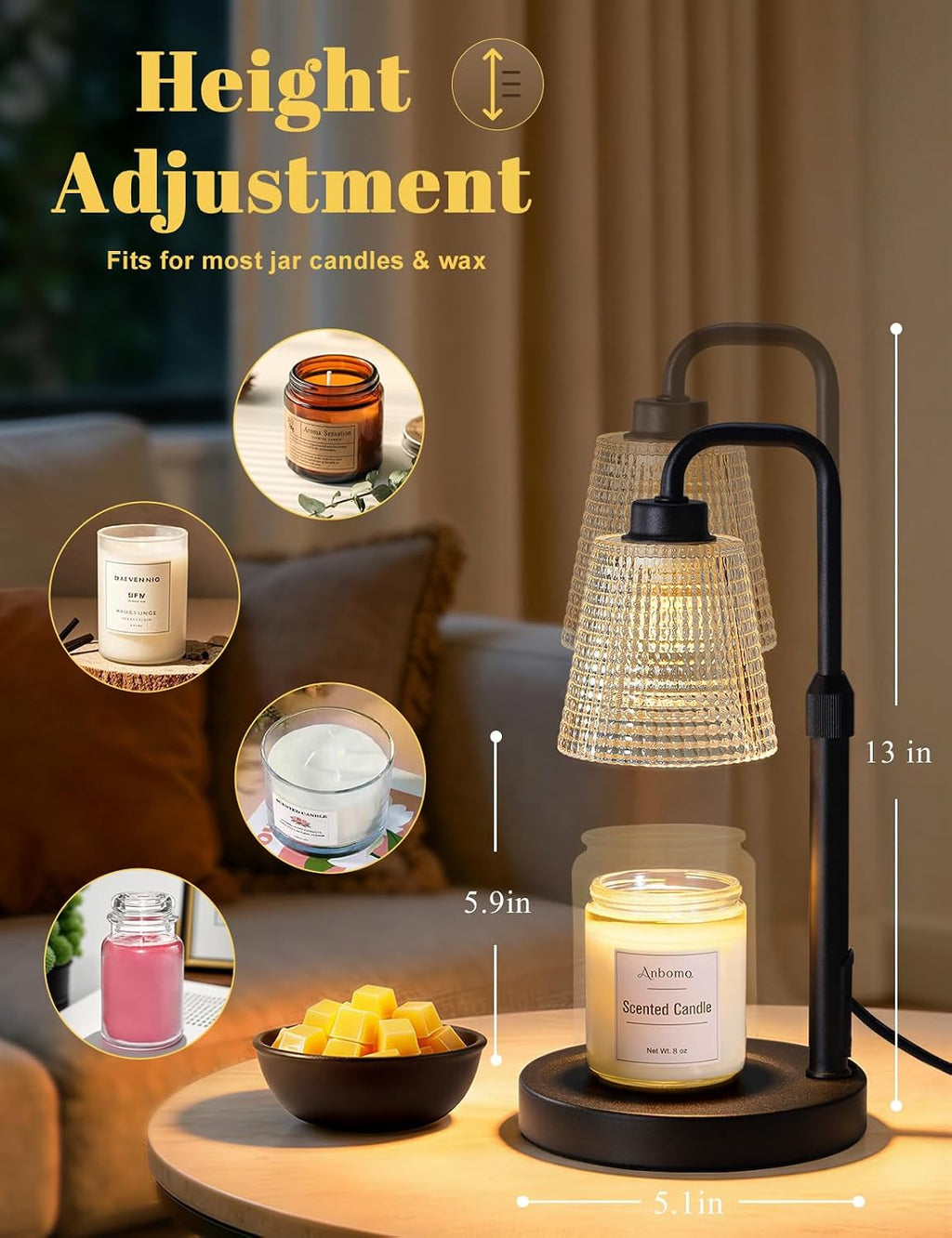 Candle Warmer Lamp with Timer Dimmable, Wax Warmer for Scented Jar Candles, Adjustable Height Candle Lamp for Home Decor, Birthday Gifts for Women Mom House Warming Gifts, Black