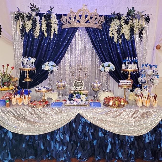 Poise3EHome 2Pcs 2Ft x 8Ft Navy Blue Sequin Backdrop Curtain,Navy Blue Glitter Photography Background for Independence Day,Memorial Day,Labor Day,Veterans Day