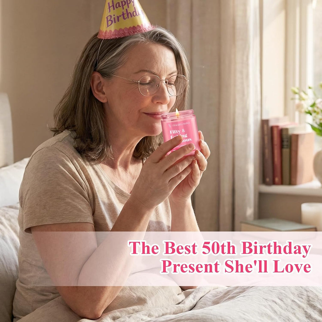 50th Birthday Candle Gifts for Women - Fifty & Fabulous! Creamy Vanilla & Natural Soy Wax Candle, Pink Jar Funny Gifts for Daughter, Sister, Best Friend or Wife Birthday Decorations