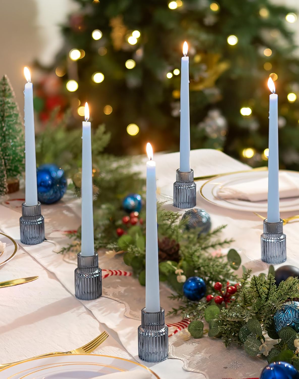 Romadedi Glass Candle Holders for Candlestick - 10 Pcs Blue Tapered Candle Sticks Holder Decor Bulk for Wedding Table Centerpiece Ribbed Taper Holder for Birthday Party Bridal Showers