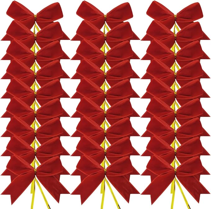 30pcs 3-1/2" Christmas Red Velvet Twist Tie Bows for Christmas Gift Wrapping with Fish Tails (Red Velvet Bow)