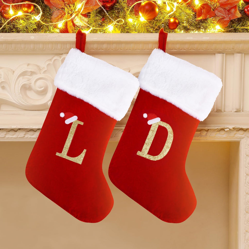 20 Inches Monogram Christmas Stockings with Letters, Large Super Soft Christmas Stockings Red Velvet with White Super Soft Plush Cuff for Christmas Xmas Tree Holiday Fireplace (S)
