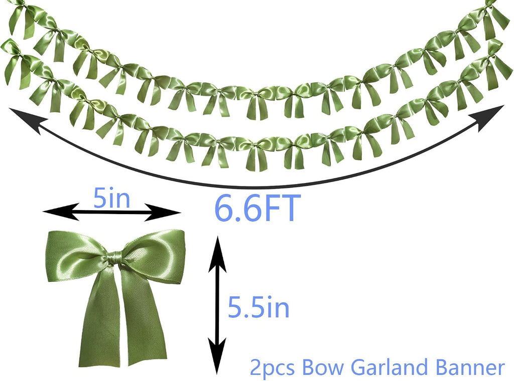 Sage Green Premade Bow Ribbon Banner Streamer Garland with 30 Bows, 6.6 Feet Long Each for Wedding Party Decoration (5.5 X 5 In Bow)