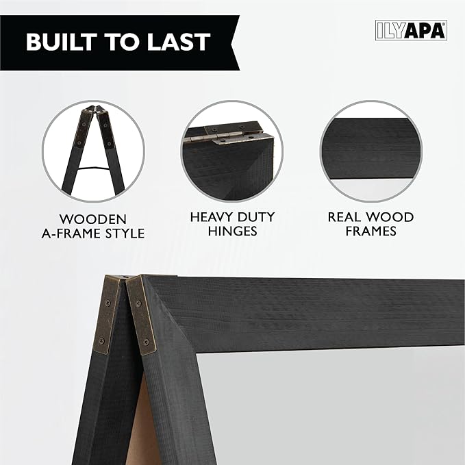 Ilyapa Wooden Dry Erase A Frame Sign - Magnetic Whiteboard Sidewalk Menu Board Outdoor - Menu Display for Restaurant, Food Truck - 58x27 inch - Black