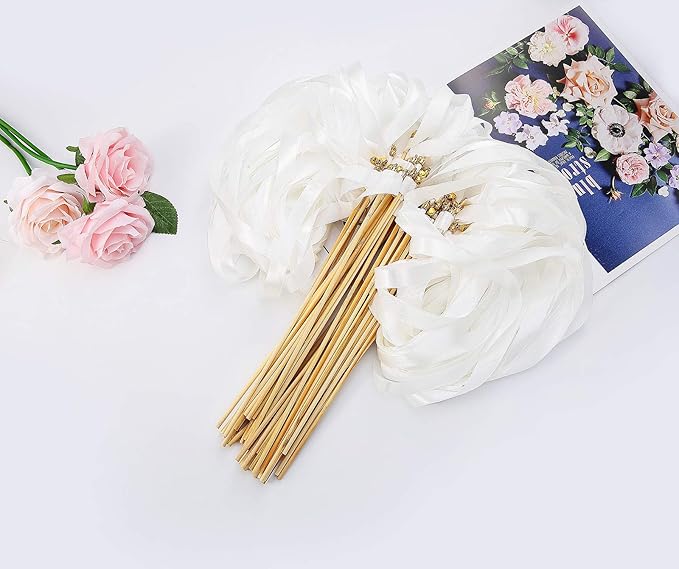 50pcs Ribbon Stick Wands Off White Streamers with Gold Bells for Wedding Party Favors for Guests