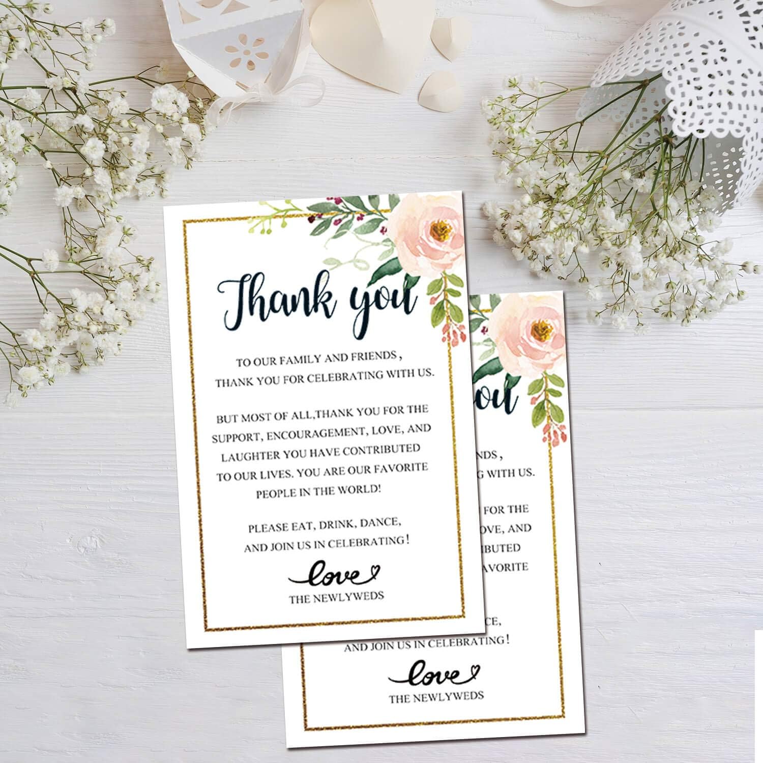 Floral Wedding Thank You Place Setting Cards, Wedding Favors for Guests, Print to Add to Your Table Centerpieces and Decorations, 4 x 6 Inch, Pack of 50