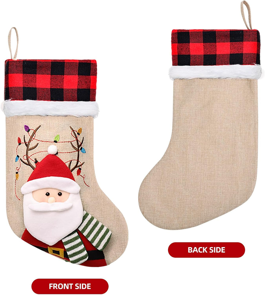 ELEGANTPARK Burlap Christmas Stocking 4 Pack, Buffalo Plaid Cuff 20 Inch | Large Xmas stockings with 3D Santa reindeer snowman bear for family kids, fireplace mantel hanging Christmas decor