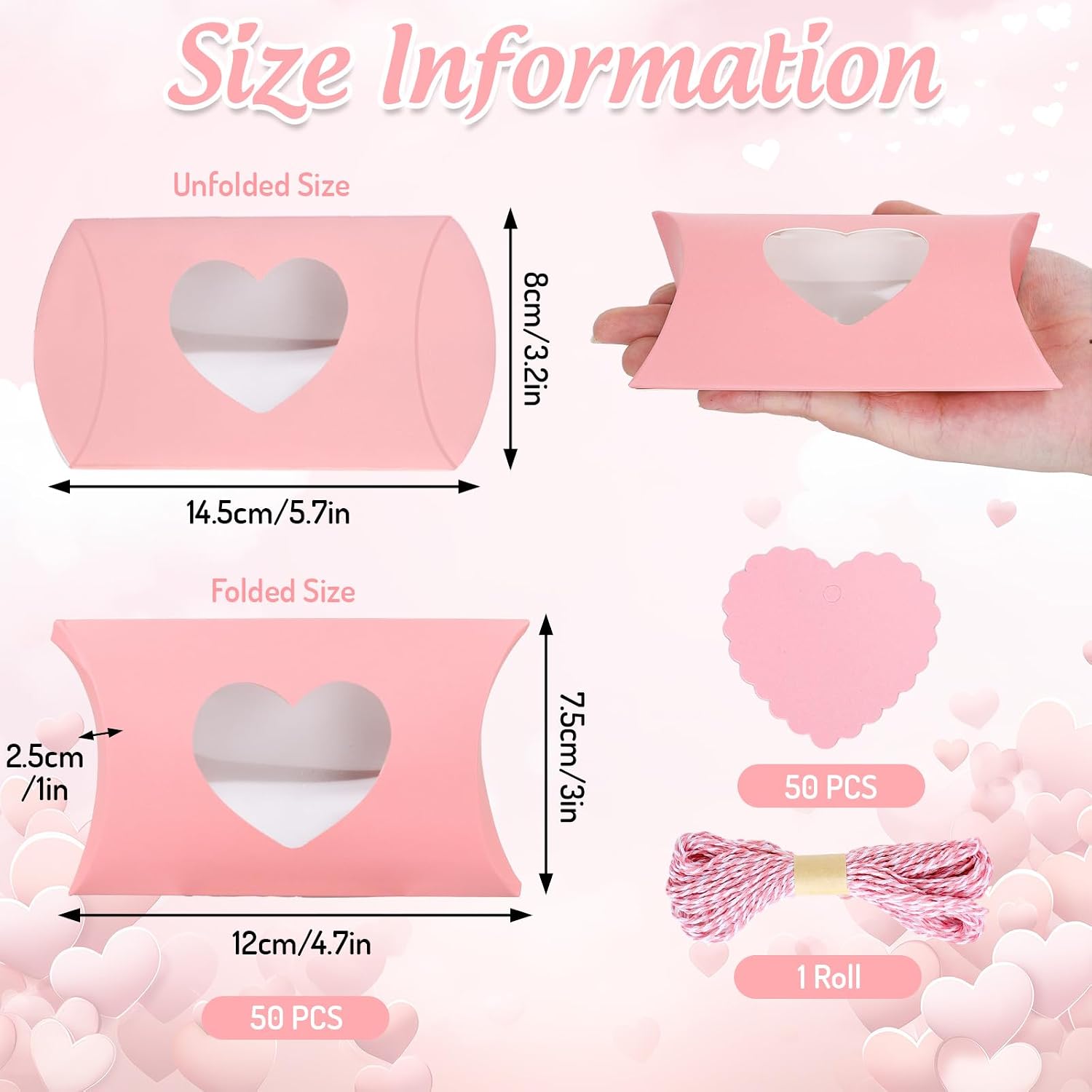 JarThenaAMCS 50Pcs Valentine' s Day Treat Boxes with Gift Tag Cotton Rope Paper Gift Container Pink Pillow Box with Heart Shaped PVC Window for Wedding Party Birthday Sweets Chocolate