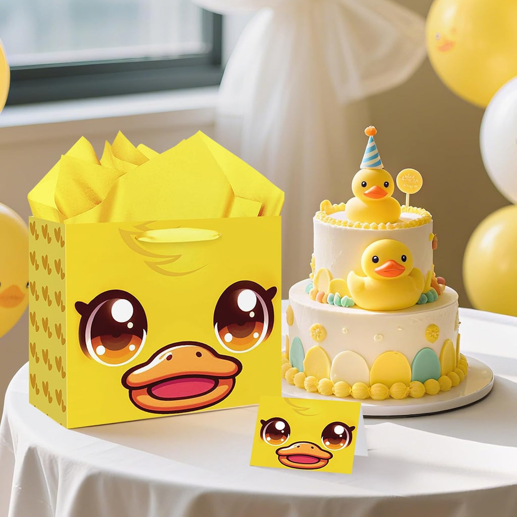 Duck Gift Bag for Kids Boys Girls Baby Shower Duckie Birthday Gift Bag with Wrapping Paper Card Large Farm Animal Gifts Bag for Barnyard Baby Shower Birthday Decorations Party Favors Supplies