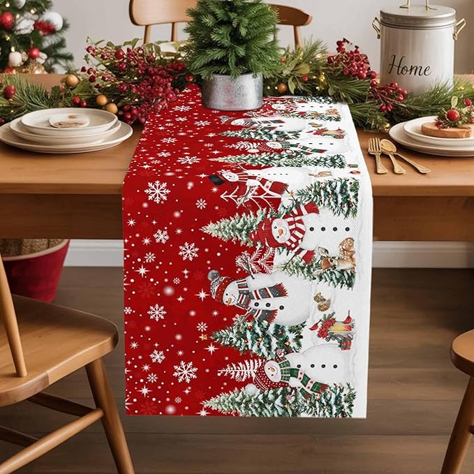 Christmas Snowman Cotton Linen Table Runner for Dining Kitchen, Xmas Tree White Snowflakes Winter Wedding Outdoor Party Tablerunners Decoration, Dresser Scarf Coffee Tablecloth Runners 13x60 Inches