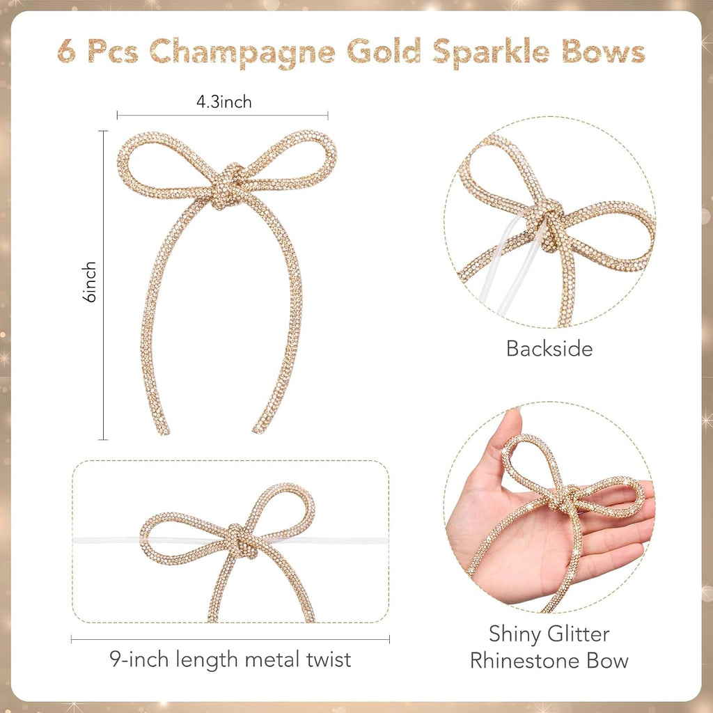 6 Pcs 2026 Christmas Bows Ornaments, Champagne Gold Sparkly Glitter Rhinestone Bow Ornaments with Twist Tie for Xmas Tree Decoration, Wreath, Garland, Gift Wrapping