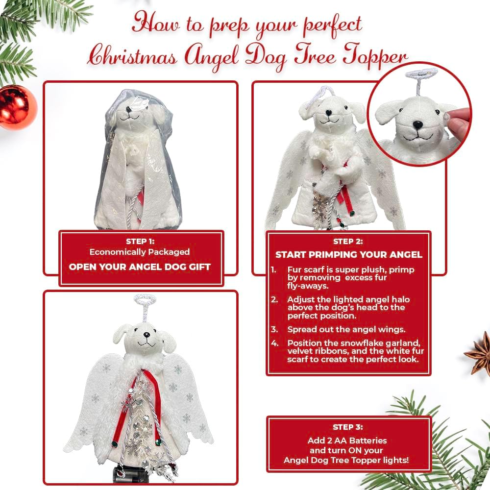 iHeartDogs Christmas Tree Topper Decoration - The Original Dog ‘Christmas Miracle’ Angel Dog Tree Topper LED Lighted Halo, Snowflake Garland & Wings Decor Ornament, Holiday Decoration
