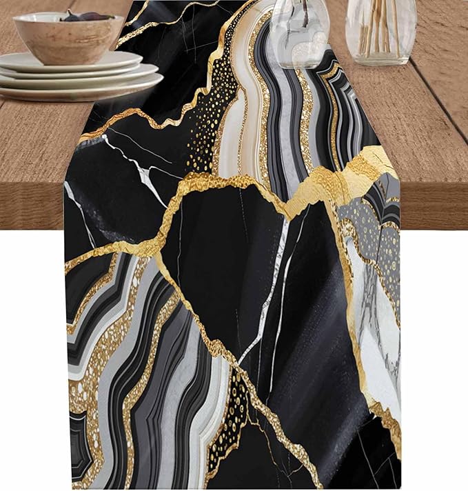 Geometric Black Marble Cotton Linen Table Runner for Dining Kitchen, Wedding Outdoor Party Tablerunners Decoration,Farm Marble Liquid Ripple Abstract Dresser Scarf Coffee Tablecloth Runners 13''x120''