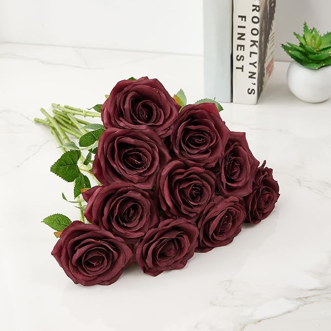 Artificial Rose 10pcs Open Flower Bouquet Faux Rose Stems for Wedding Arrangement, Bridal Bouquet, Centerpiece, Fake Faux Silk Flowers (Burgundy)