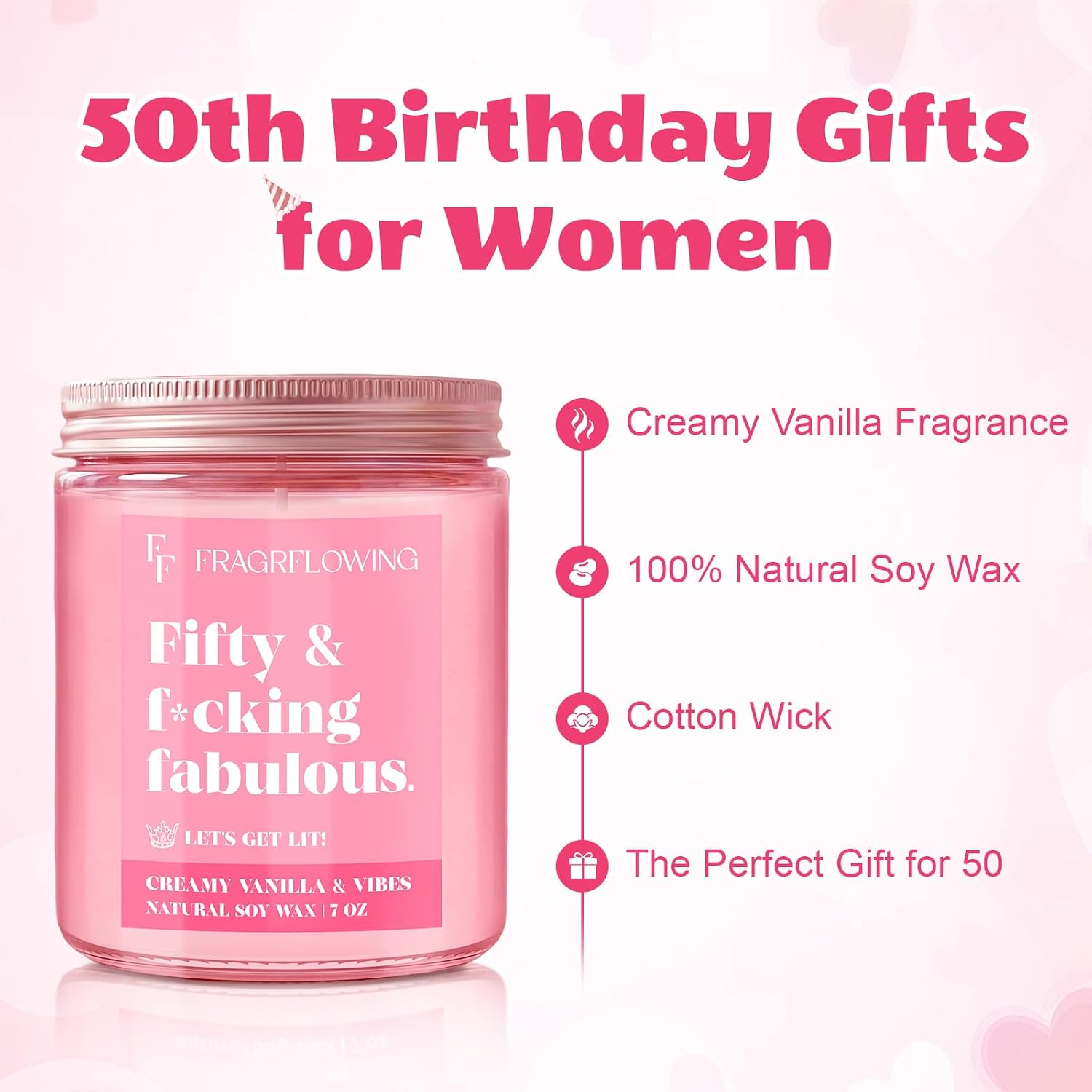 50th Birthday Candle Gifts for Women - Fifty & Fabulous! Creamy Vanilla & Natural Soy Wax Candle, Pink Jar Funny Gifts for Daughter, Sister, Best Friend or Wife Birthday Decorations