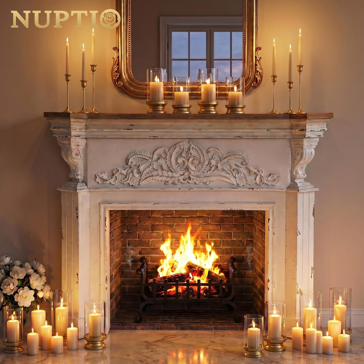 NUPTIO Hurricane Candle Holder Gold: Pillar Candle Holders with Clear Glass Sleeve - Set of 2 Decorative Brass Metal Pillars Stand for Dining Table Centerpiece Shelf Fireplace Mantel Decor