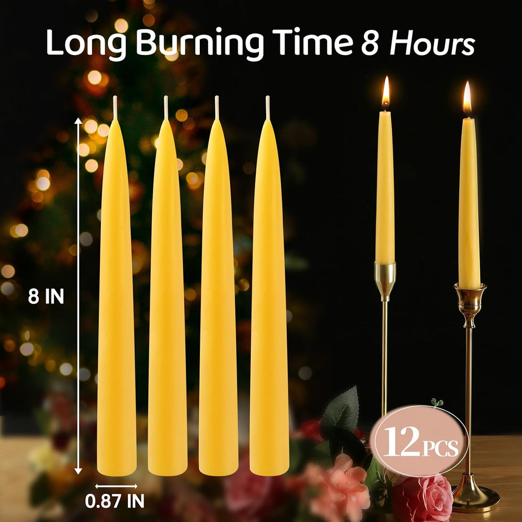 12 Pack Beeswax Taper Candles,8in Pure Beeswax Candles Non Toxic,8 Hours Long Clean Burning 100% Natural Candle Sticks,Smokeless and Unscented Bees Wax Candle for Home,Prayer,Tall Tapered