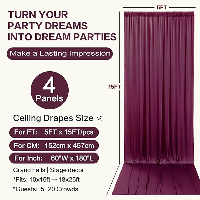 PartyVillage 20ft×15ft Burgundy Backdrop Curtain for Wedding Parties, 4 Panels Wrinkle Free 15 FT Long Polyester Photo Backdrop Drapes Back Drop Cloth for Birthday Photography Background