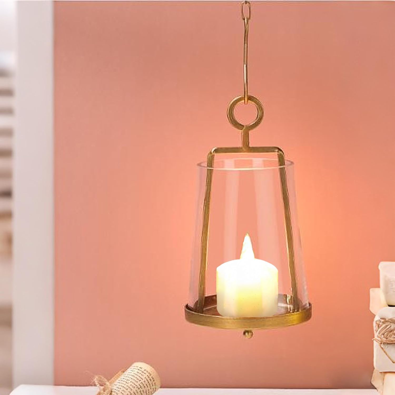 4“ Wide Modern Farmhouse Metal Hurricane Candle Holder with Handmade Sturdy Glass Sleeve in Vintage Brass for 2" Pillar Candle & Plants, Glass Hurricane Lantern, Industrial, Minimalistic