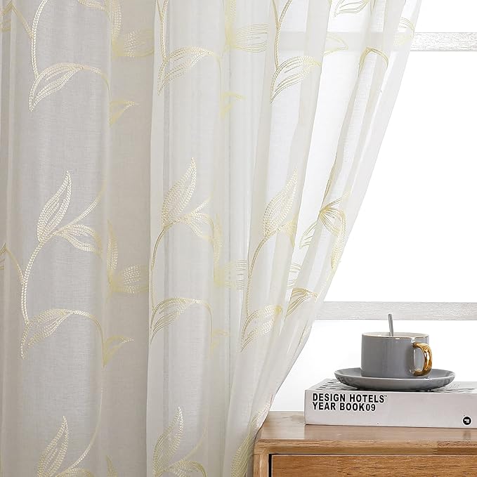 VISIONTEX Sheer Curtains 108 inch Length 2 Panels Set, White Voile Crushed Cream Vine Leaves Embroidery, Rod Pocket Embroidered Window Drapes for Living Room and Bedroom, 54" x 108"