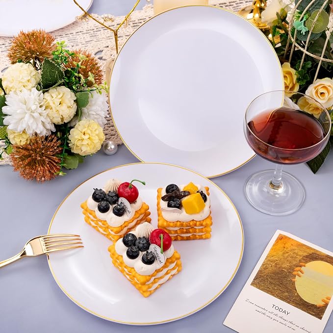 Festiva 50Pcs Gold Plastic Plates - 9 Inch White Plastic Plates with Gold Rim - Disposable Dinner Plates - include 50 salad&pasta Plate Perfect for Party&Wedding&Thanksgiving &Christmas