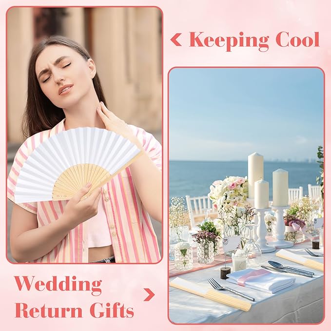 48 Pieces White Hand Held Bamboo Folding Fans Paper Fans Handheld for Women Foldable Girls Wedding Decoration Church Home Party Favors Summer