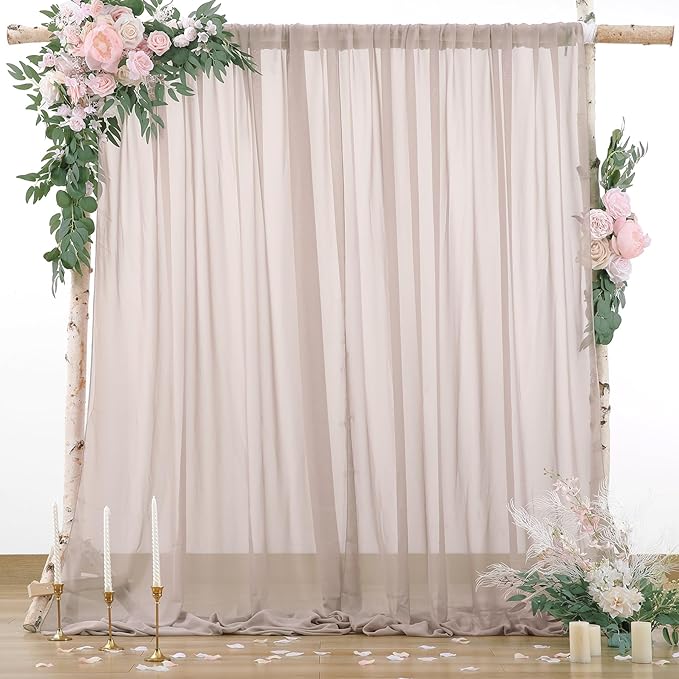 PARTISKY 10ftx7ft Taupe Chiffon Backdrop Curtains, Wrinkle-Free Sheer Fabric Photo Drapes for Wedding Ceremony Arch Birthday Baby Shower Photography Stage Decor 5ft x 7ft, 2 Panel