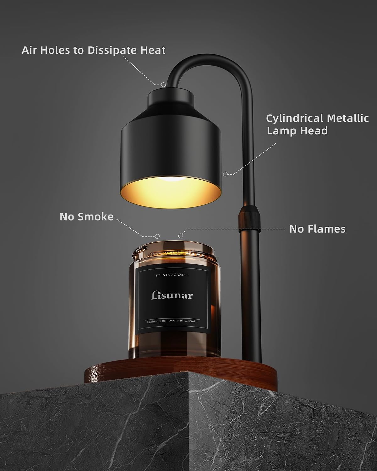LISUNAR Electric Candle Warmer Lamp Black, Candle Lamp Warmer with Timer, Wax Warmer Lamp for Jar Candles, Adjustable Height Candle Light Warmer with 2 Bulbs