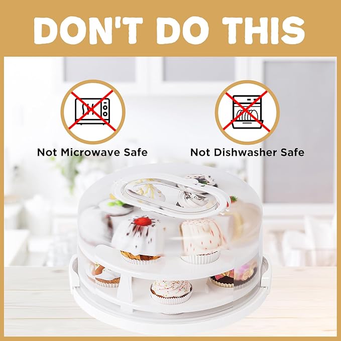 Round Cupcake Carrier for Transport, Two Tier Cupcake Container with Lid and Handle, Multipurpose Cake Holder fits 10 inch Cake, Cupcake Box Holds 14 Standard Cupcakes,White
