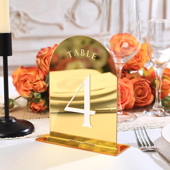 UNIQOOO Gold Mirror Arch Wedding Table Numbers with Stands 1-20, 5x7 Acrylic Display Signs and Holders, Pack of 20, Perfect for Centerpiece, Reception, Decoration, Party, Anniversary, Event