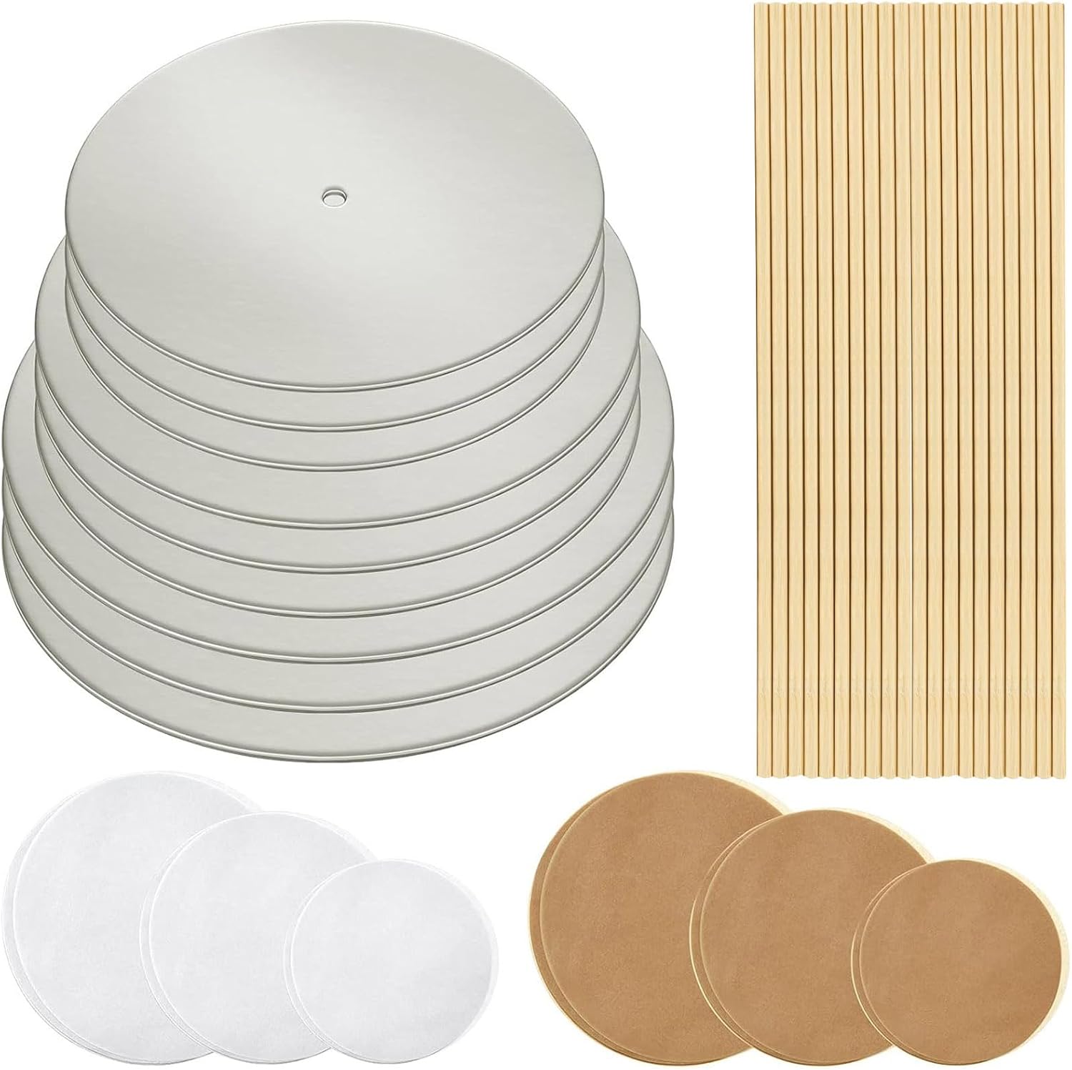 Patelai 89 Pcs Cake Tiered Stacking Kit 8,6,4 Inch Silver Round Cake Boards with Parchment Paper Round and Plastic Dowel Rods for Stacking Support Decorating Supplies
