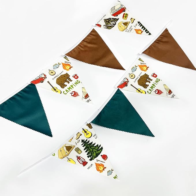 32Ft Camping Party Decorations Green Brown Camper Triangle Flag Fabric Banner Pennant Garland Streamers for Camping Birthday Glamping Baby Shower Campfire Adventure Woodland Travel Party Decor