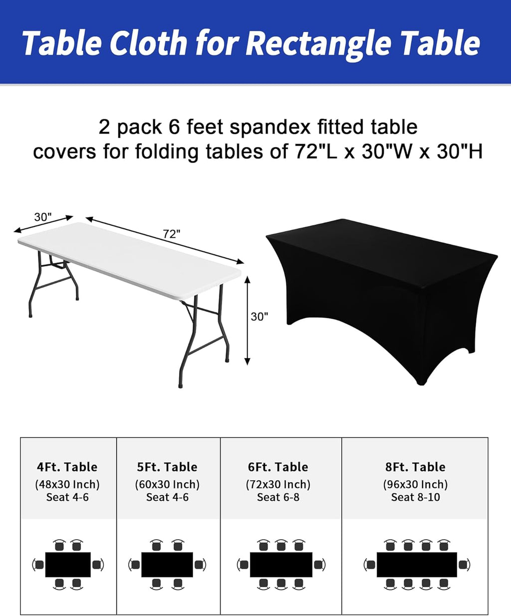 Fixwal Black Table Cloth 2 Pack 6FT for Rectangular Table Spandex Fitted Table Covers Washable Stretch for Soccer Party, Trade Show, Banquet, Wedding, Buffet