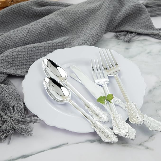 WDF 200 Pieces Silver Plastic Silverware Disposable - 50Guests Silverware Plastic Cutlery - Disposable Utensils Includes 100 Forks, 50 Spoons, 50 Knives Perfect for Christmas Wedding or Party