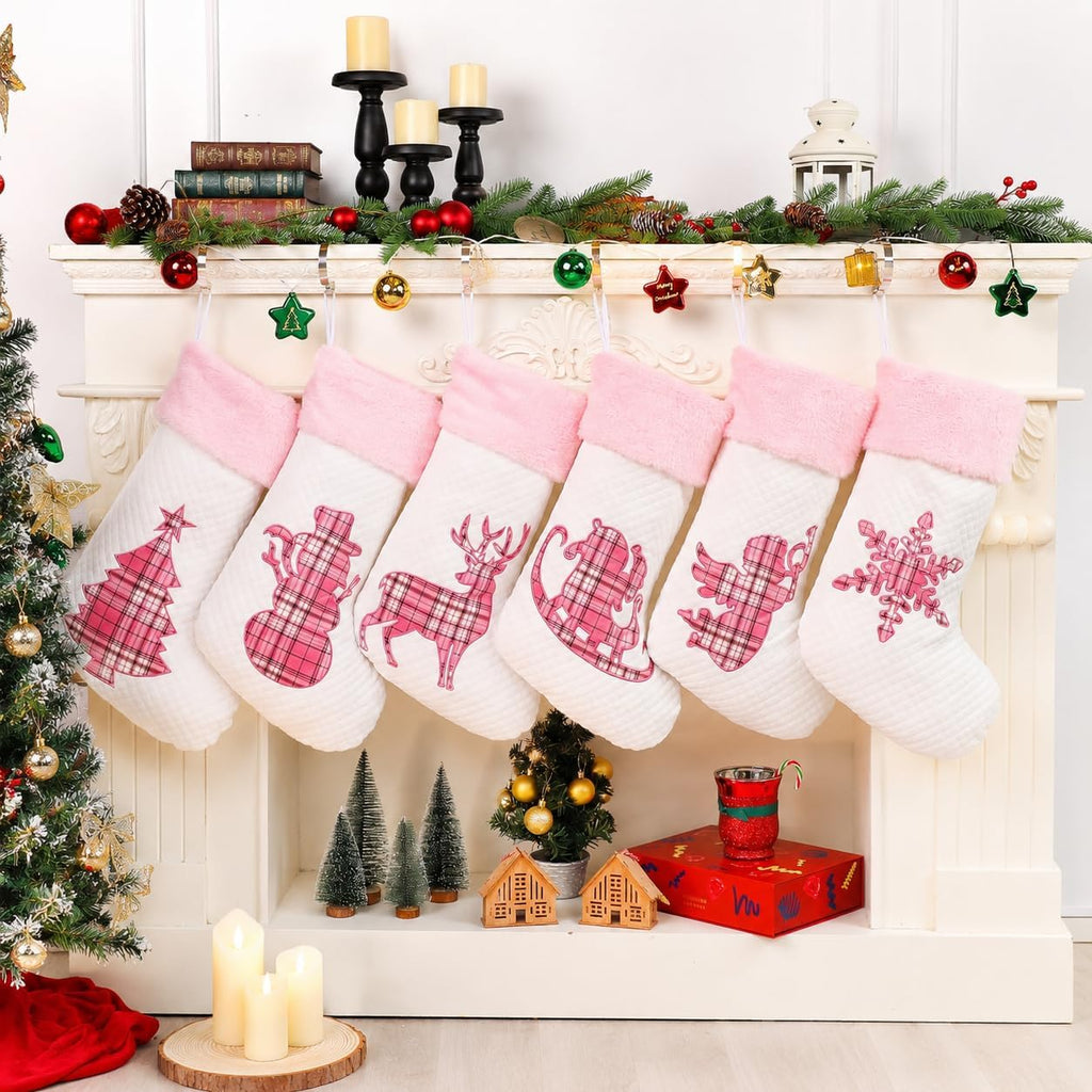 White Pink Buffalo Plaid Embroidered Christmas Stockings Set of 6 | Cute Large Christmas Stocking with Pink Faux Fur for Holiday Gifts, Christmas Stocking Stuffers and Christmas Décor