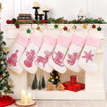 White Pink Buffalo Plaid Embroidered Christmas Stockings Set of 6 | Cute Large Christmas Stocking with Pink Faux Fur for Holiday Gifts, Christmas Stocking Stuffers and Christmas Décor